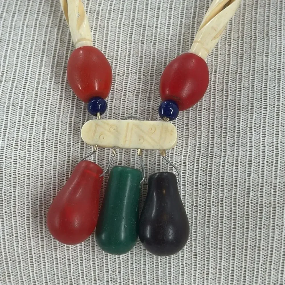 Vintage acrylic and bone tribal chunky colorful beaded 24 inch necklace